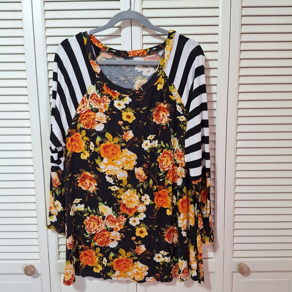 Emerald Women 3XL Floral Striped Raglan Tunic Top Black Orange Long Sleeve USA